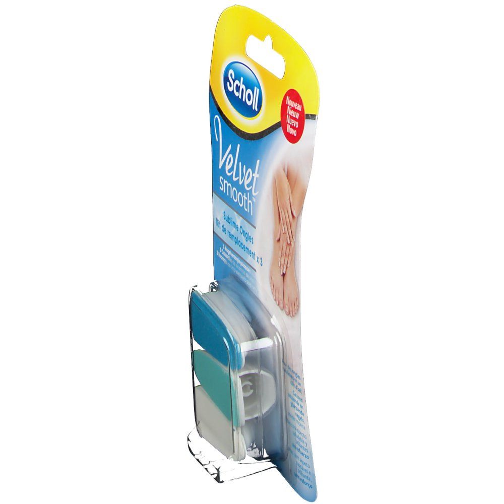 Set di ricambio Scholl Velvet Smooth. Vista laterale della confezione con tre testine. Nome del prodotto e logo visibili.