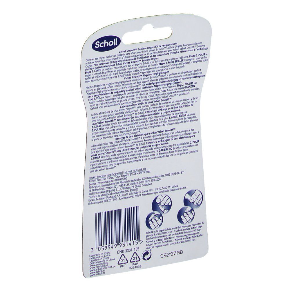 Retro della confezione Scholl Velvet Smooth. Informazioni testuali, codice a barre e loghi. Tre simboli di utilizzo.