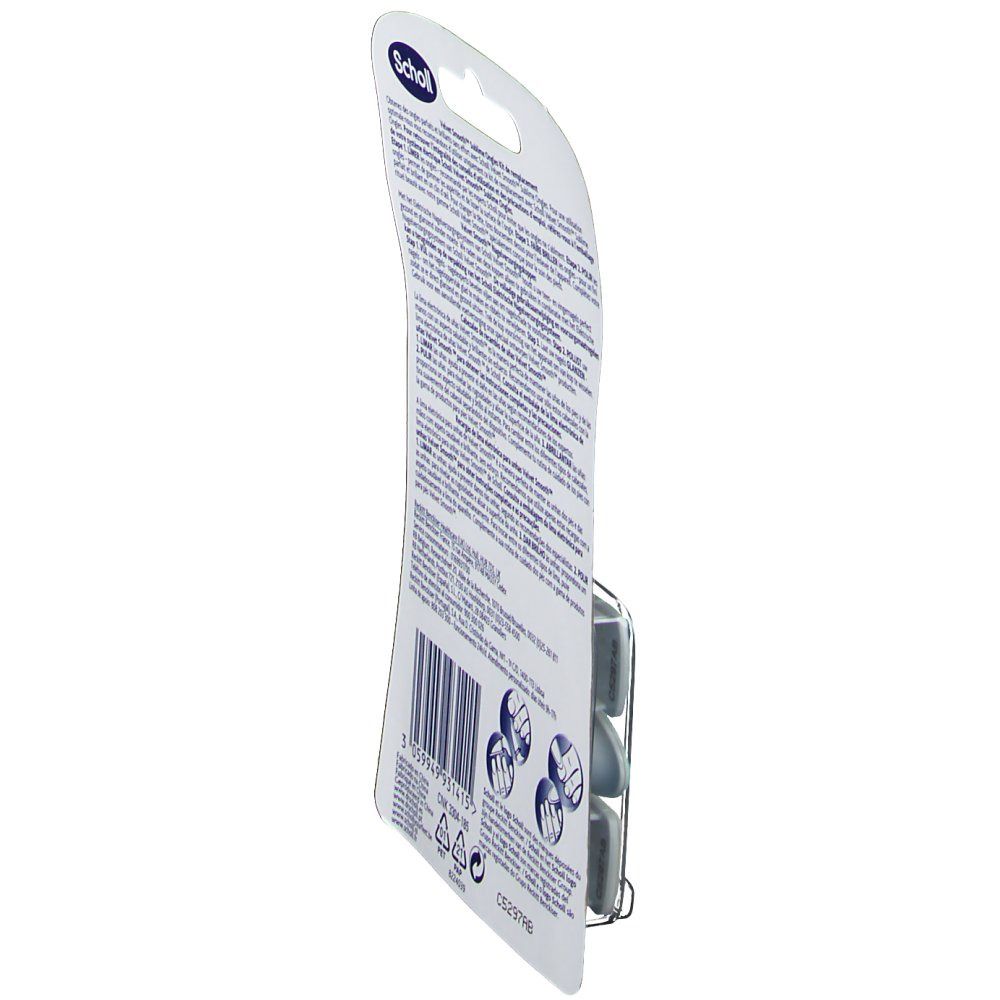 Vista laterale della confezione Scholl Velvet Smooth. Testo e loghi sul retro. Tre simboli di utilizzo.