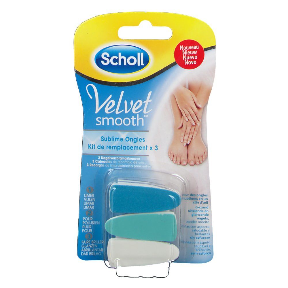 Set di ricambio Scholl Velvet Smooth. Tre testine blu, turchese e bianche. Confezione con nome del prodotto e illustrazione.