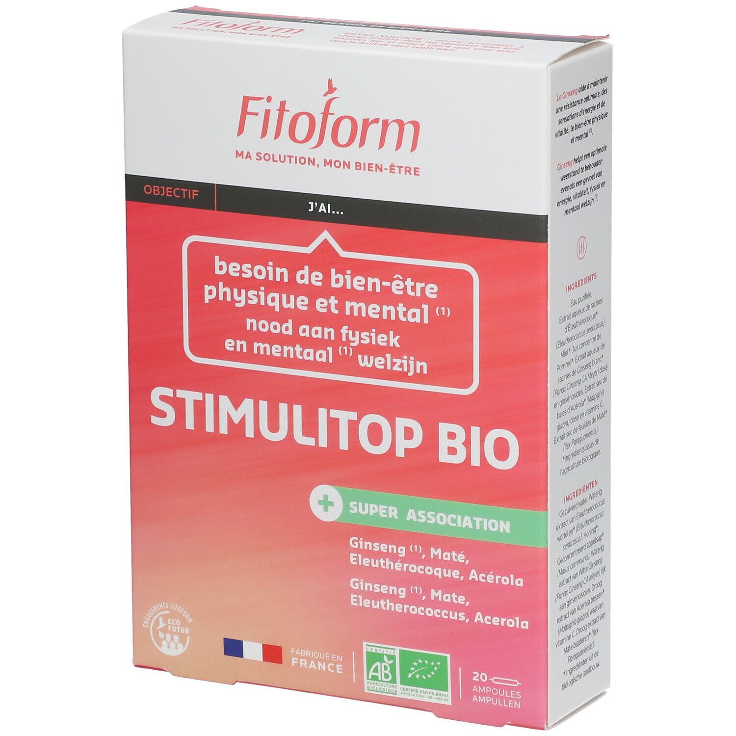 Scatola STIMULITOP BIO con 20 fiale. Scritte: Fitoform, AB, Made in France. Ingredienti: Ginseng, Maté, Eleuterococco, Acerola.