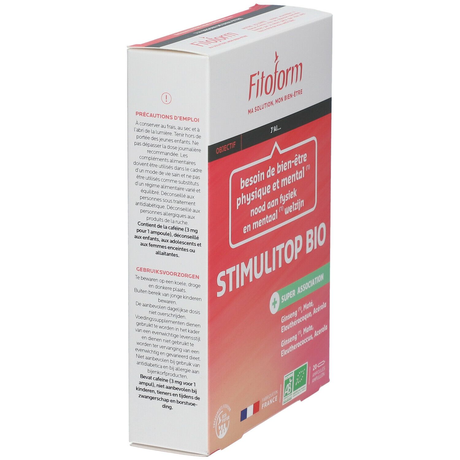 Confezione STIMULITOP BIO. Scritte: Fitoform, AB, Made in France. Contiene 20 fiale. Testo in francese e olandese.