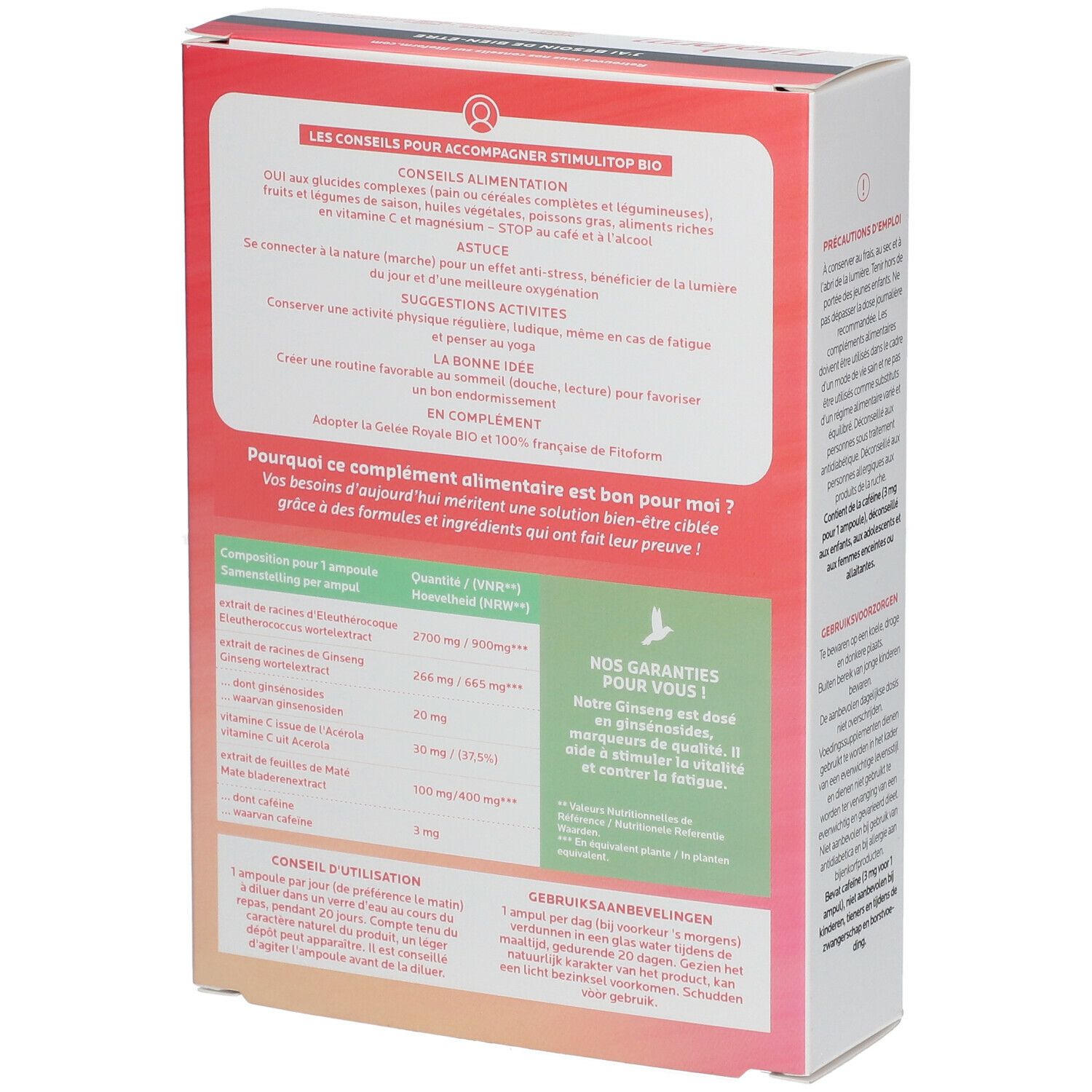 Retro della confezione STIMULITOP BIO. Testo in francese e olandese. Contiene informazioni sugli ingredienti e l'uso.