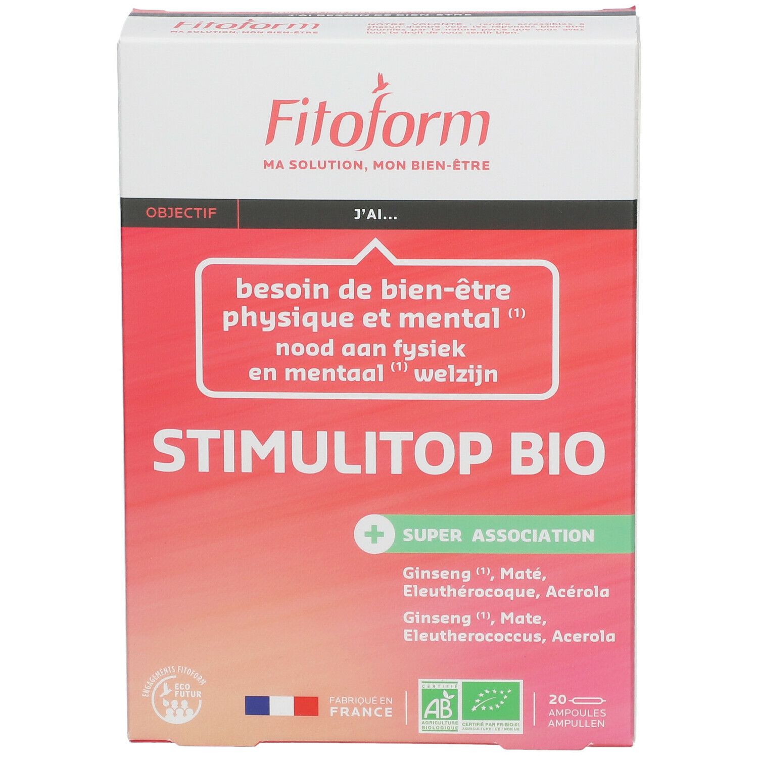 Scatola STIMULITOP BIO con 20 fiale. Scritte: Fitoform, AB, Made in France. Ingredienti: Ginseng, Maté, Eleuterococco, Acerola.