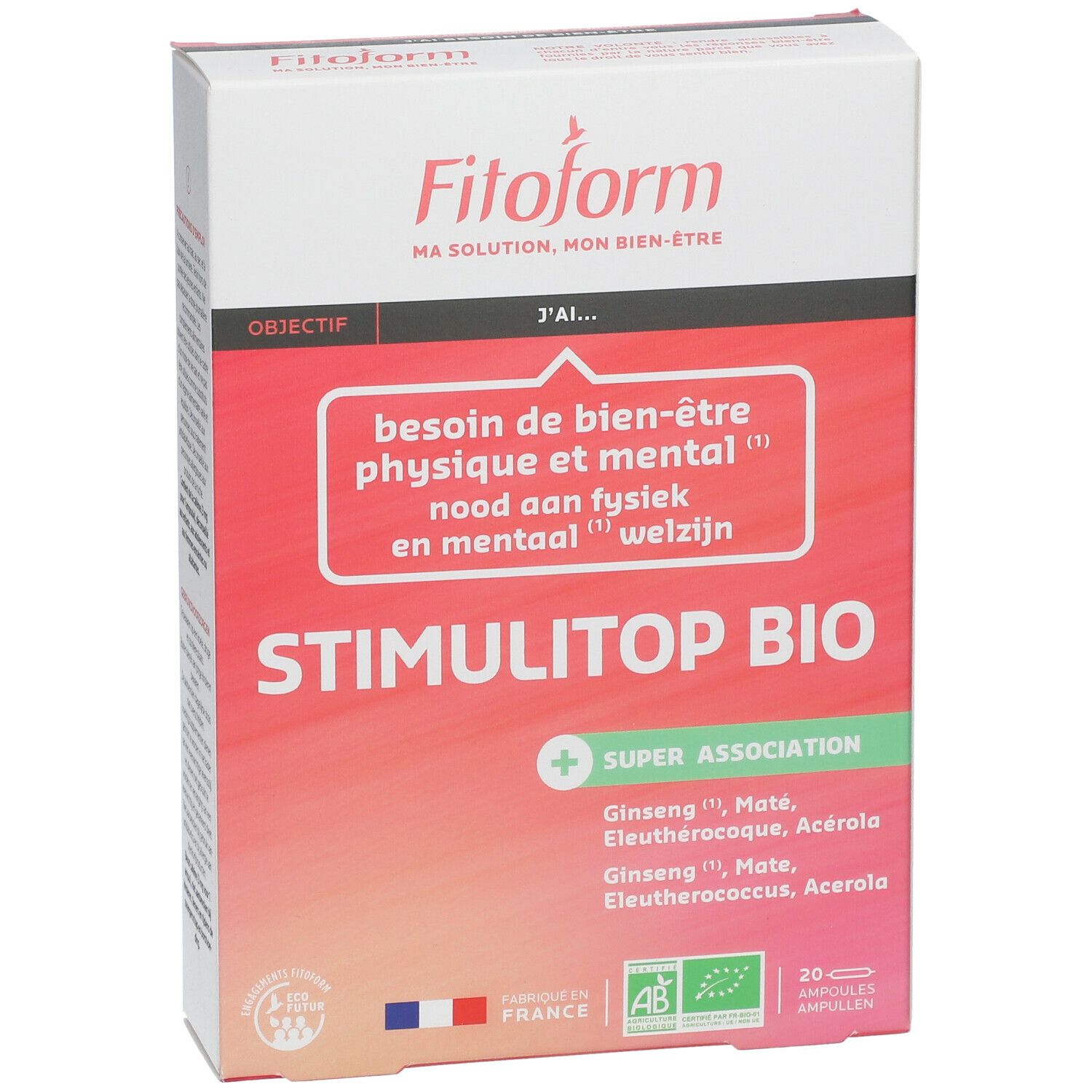 Scatola STIMULITOP BIO con 20 fiale. Scritte: Fitoform, AB, Made in France. Ingredienti: Ginseng, Maté, Eleuterococco, Acerola.