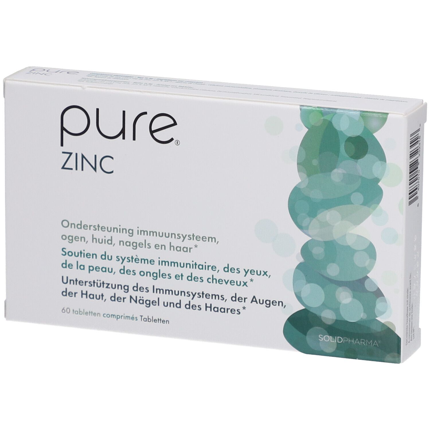 Scatola bianca con logo "pure ZINC". Testo in olandese, francese e tedesco. 60 compresse.