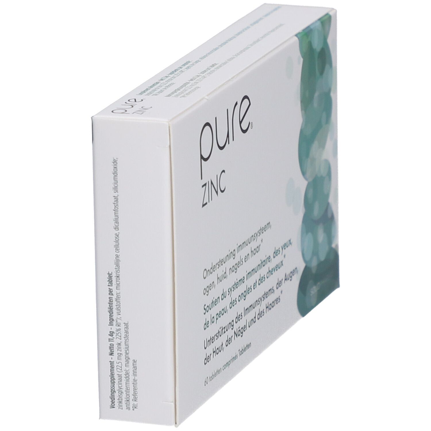 Scatola bianca con logo "pure ZINC". Testo in olandese, francese e tedesco. 60 compresse.