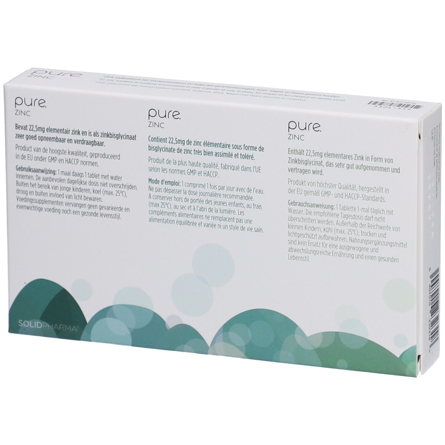 Retro della confezione "pure ZINC". Testo in olandese, francese e tedesco. 60 compresse.