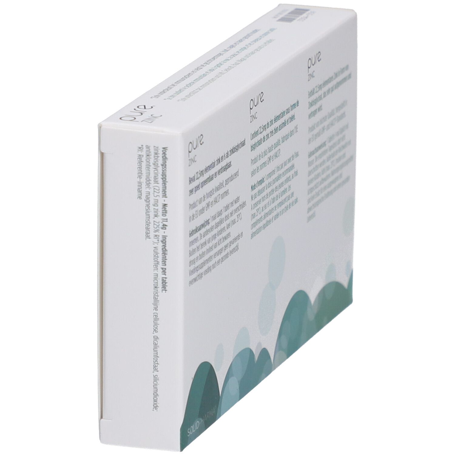 Retro della confezione "pure ZINC". Testo in olandese, francese e tedesco. 60 compresse.