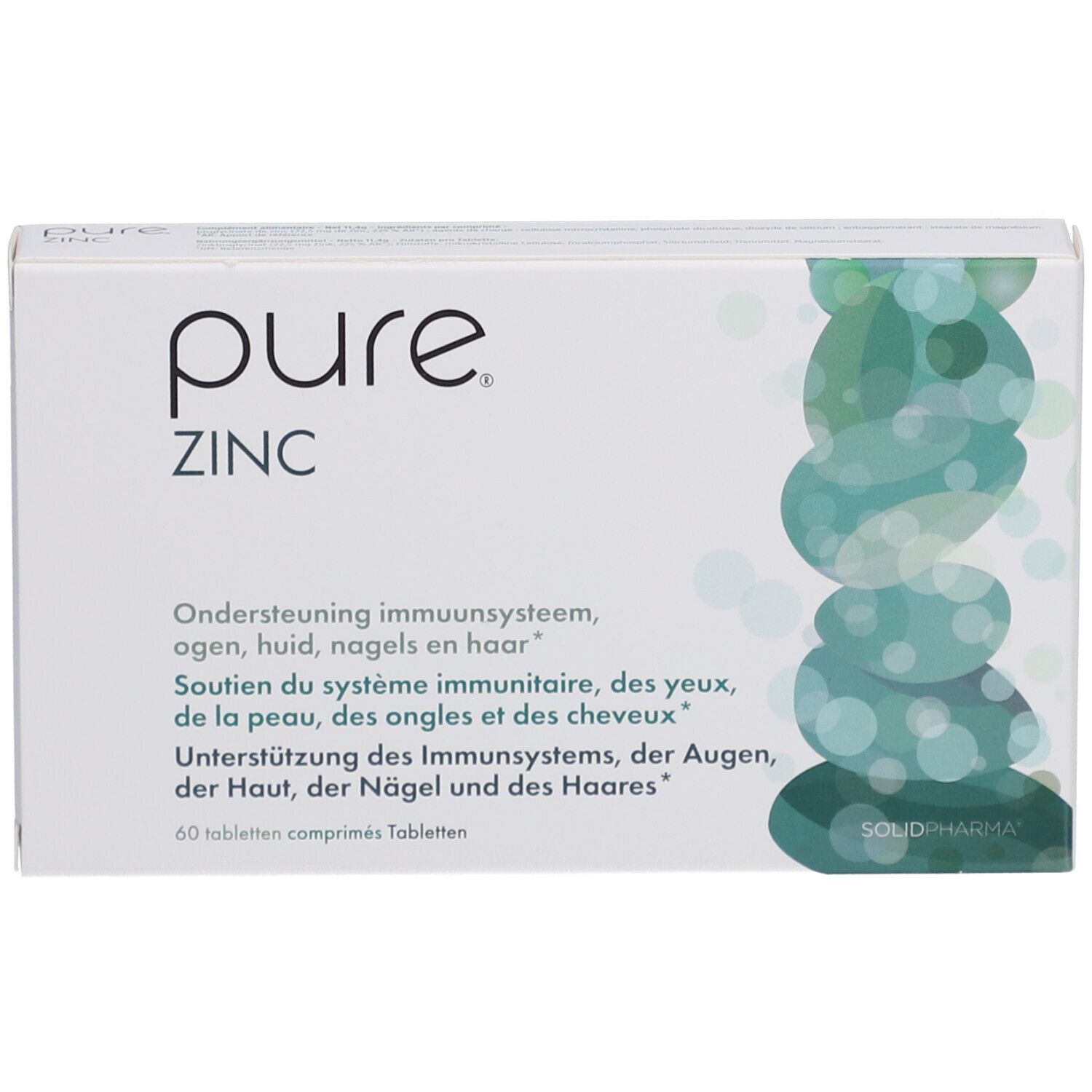 Scatola bianca con logo "pure ZINC". Testo in olandese, francese e tedesco. 60 compresse.
