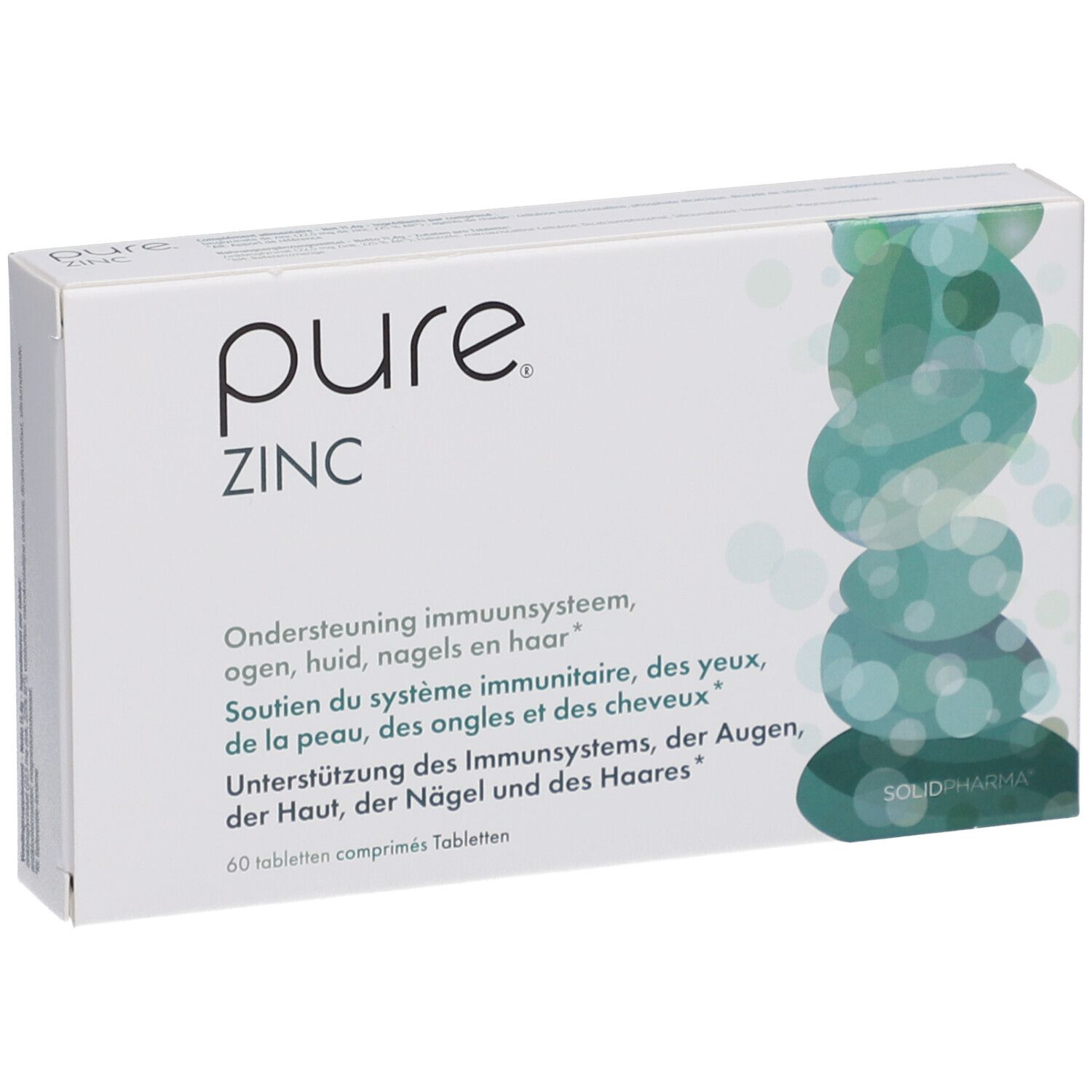 Scatola bianca con logo "pure ZINC". Testo in olandese, francese e tedesco. 60 compresse.