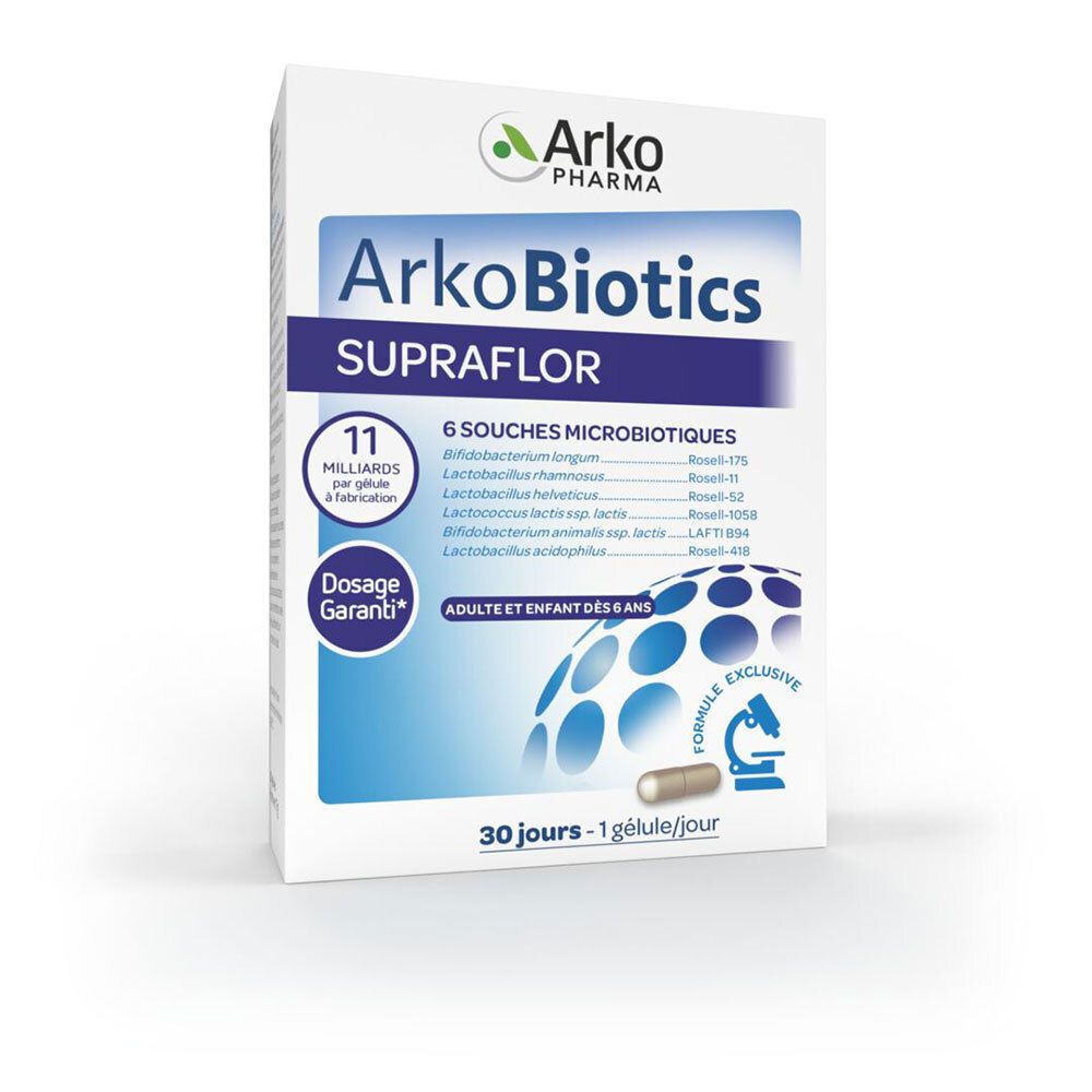 Scatola di ArkoBiotics SUPRAFLOR. Scritto: 11 miliardi per capsula. 6 ceppi microbiotici. Per adulti e bambini dai 6 anni.