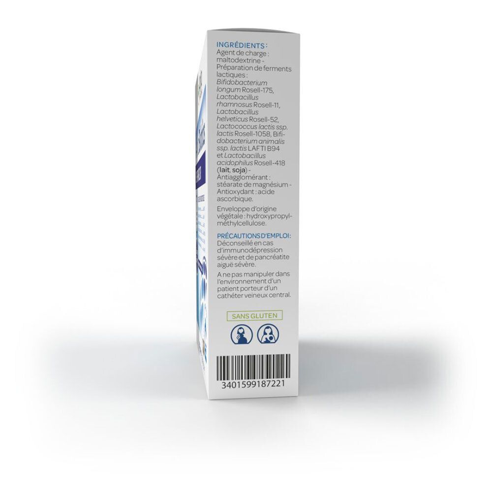 Vista laterale della confezione ArkoBiotics SUPRAFLOR. Contiene l'elenco degli ingredienti, tra cui Lactobacillus e Bifidobacterium. Simbolo senza glutine.