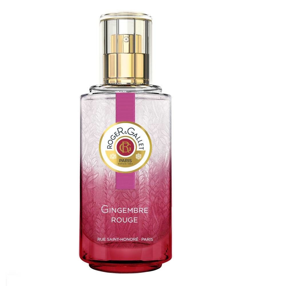 Flacone di profumo con vaporizzatore. Sfumatura rosa-rossa. Scritta: Roger & Gallet, Gingembre Rouge, Rue Saint-Honoré Paris.