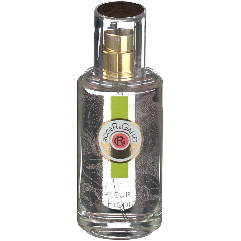 Flacone in vetro con vaporizzatore dorato e cappuccio trasparente. Logo e testo 'Roger & Gallet' e 'Fleur Figuier'.