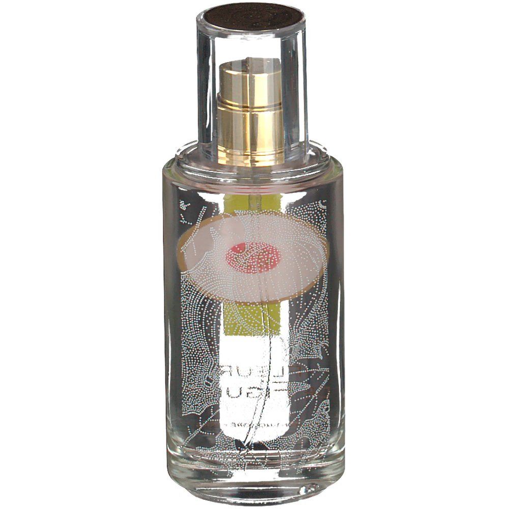 Flacone in vetro con vaporizzatore dorato e cappuccio trasparente. Logo e testo 'Roger & Gallet' e 'Fleur Figuier'.