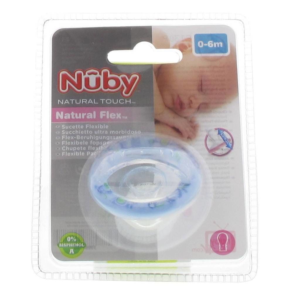 Succhietto blu Nûby Natural Touch 0-6M, forma ciliegia, punta flessibile, in confezione.