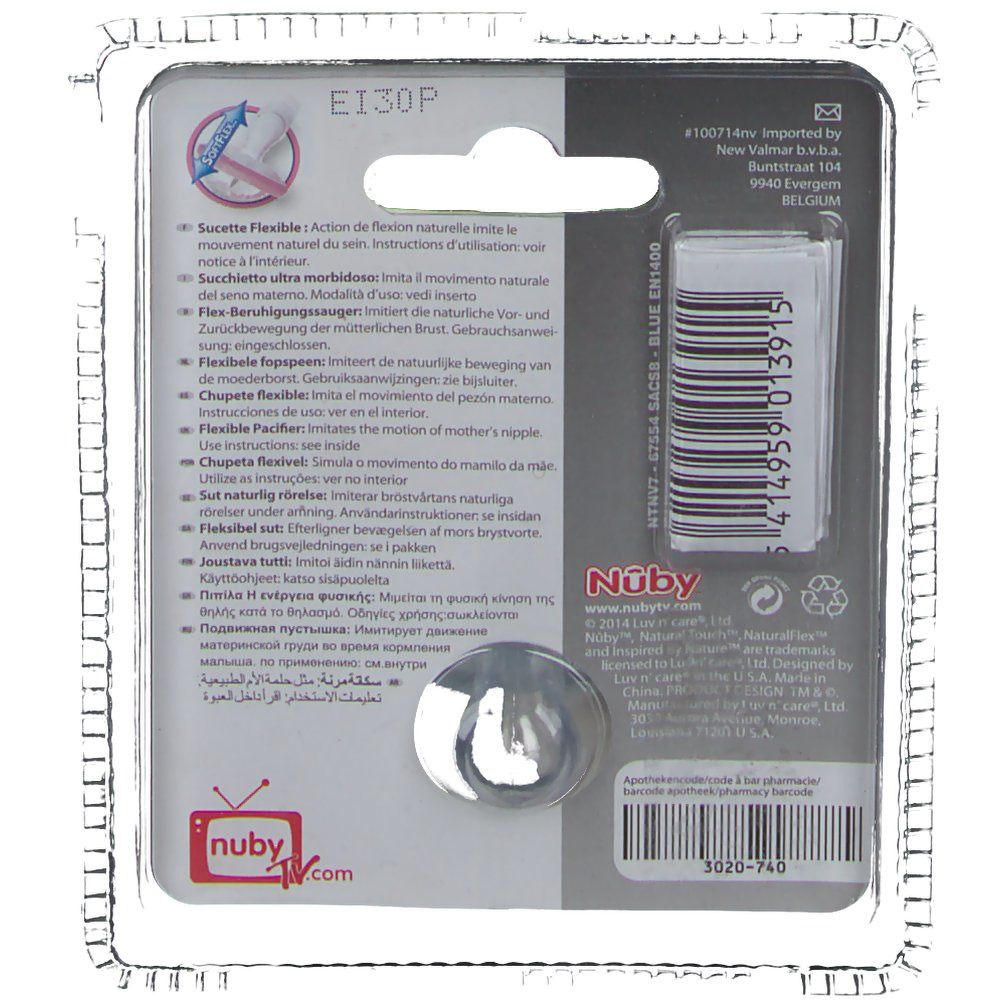 Retro della confezione. Testo Nûby, Natural Touch. Codice a barre. Informazioni sulla flessibilità.