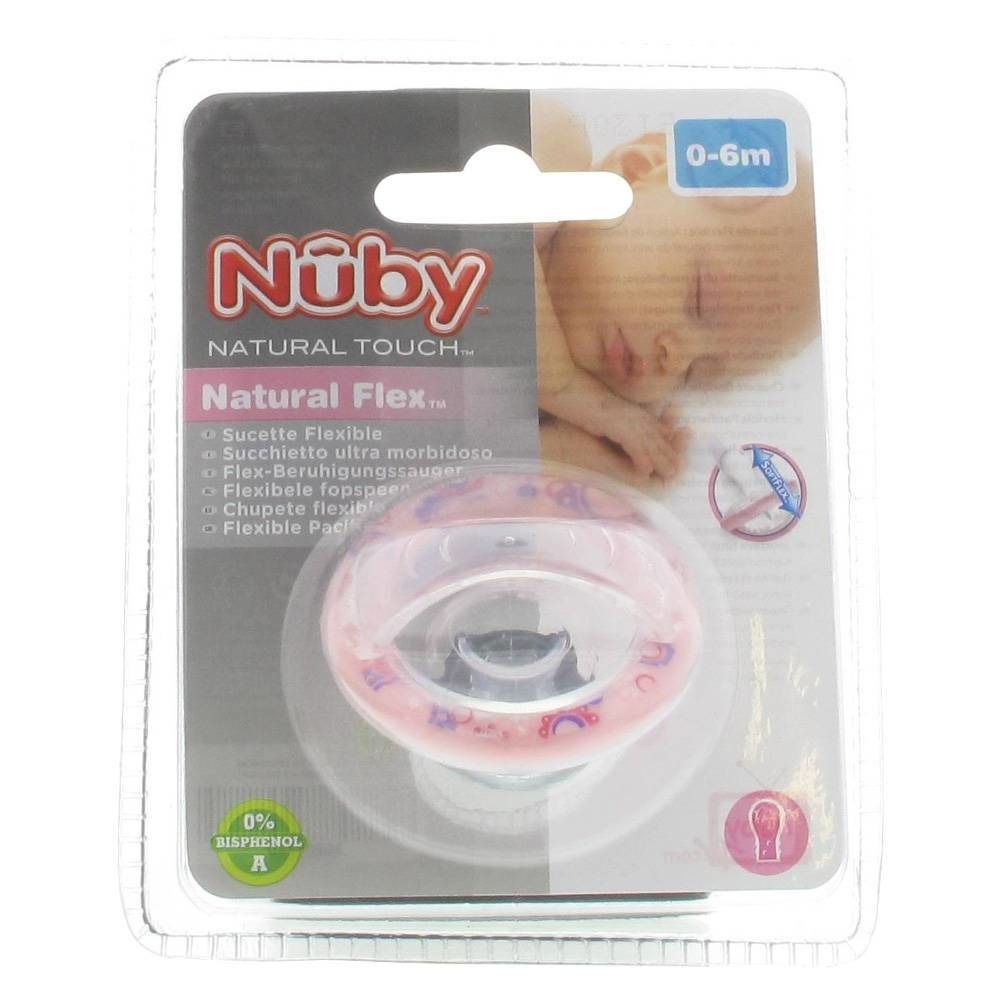 Confezione con succhietto rosa a forma di ciliegia. Imballaggio trasparente. Scritta: Nûby, Natural Touch, Natural Flex, 0-6m.