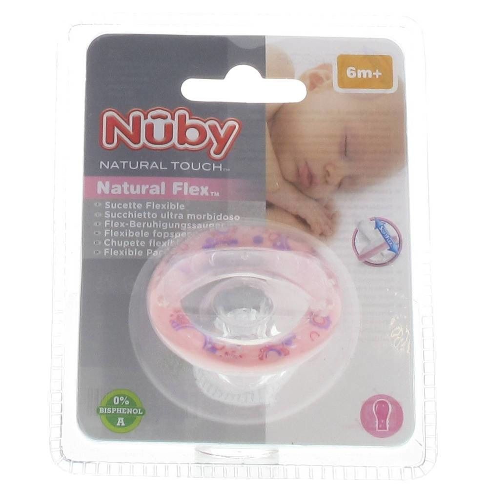 Confezione con succhietto rosa in silicone, forma a ciliegia, +6 mesi. Marchio Nuby, Natural Touch.