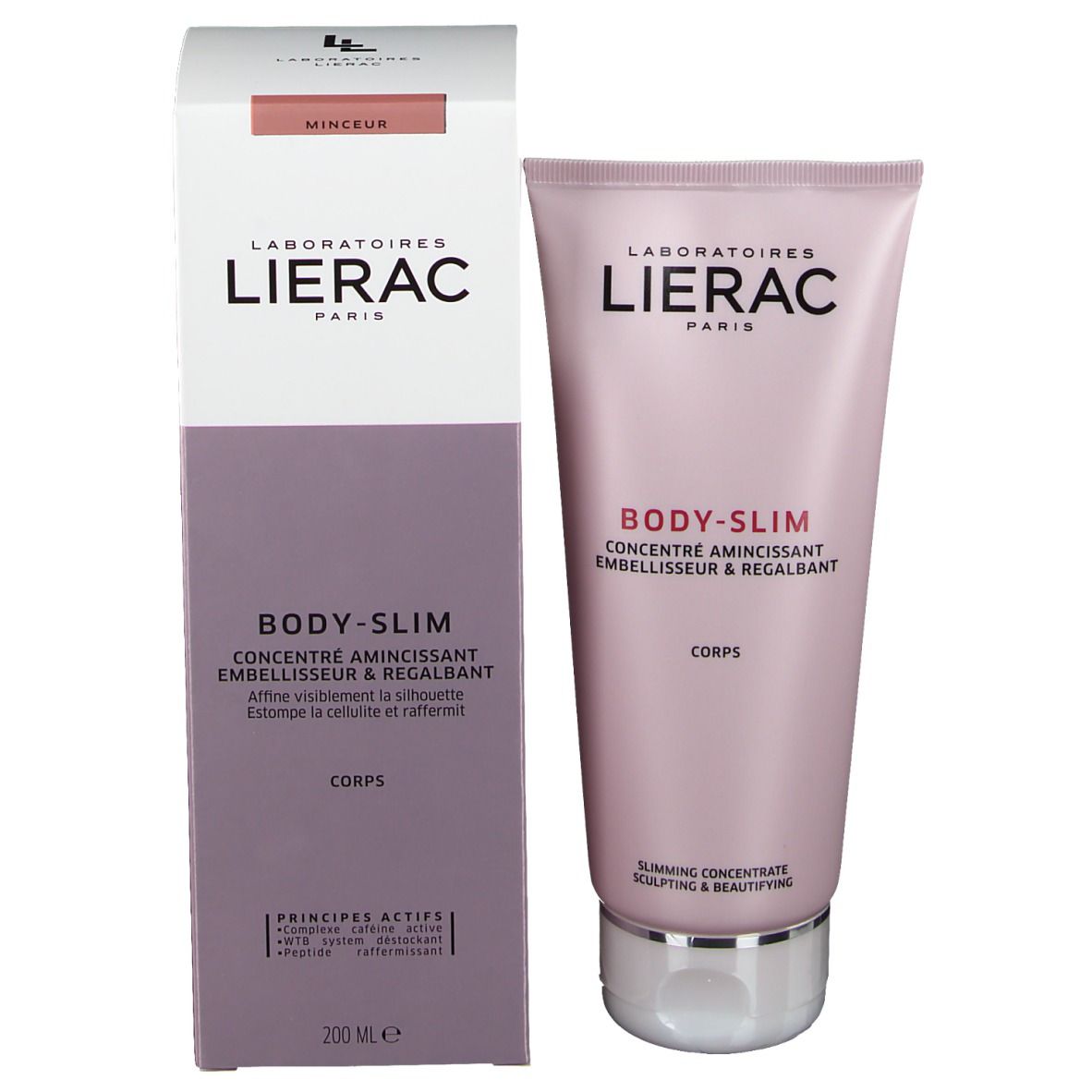 Confezione e tubo. Confezione: bianca, viola, scritta BODY-SLIM, marchio LIERAC. Tubo: rosa, tappo argentato.