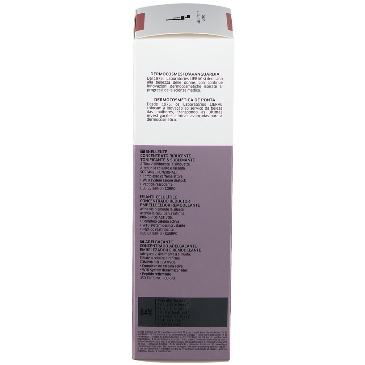 Confezione del prodotto, retro. Testo: dermocosmetica, ingredienti, applicazione. Marchio LIERAC. Prodotto in Francia.
