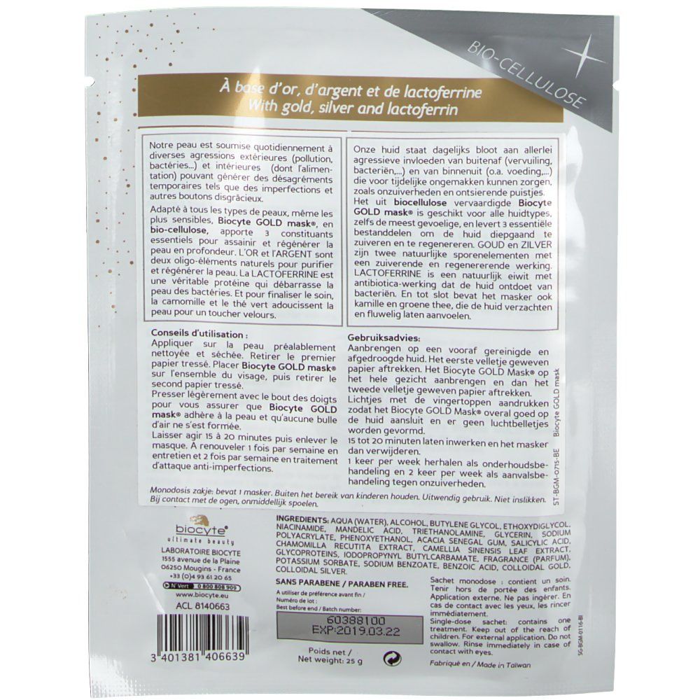 Retro confezione Biocyte Gold Mask. Testo multilingue. Sfondo dorato. Ingredienti e istruzioni.