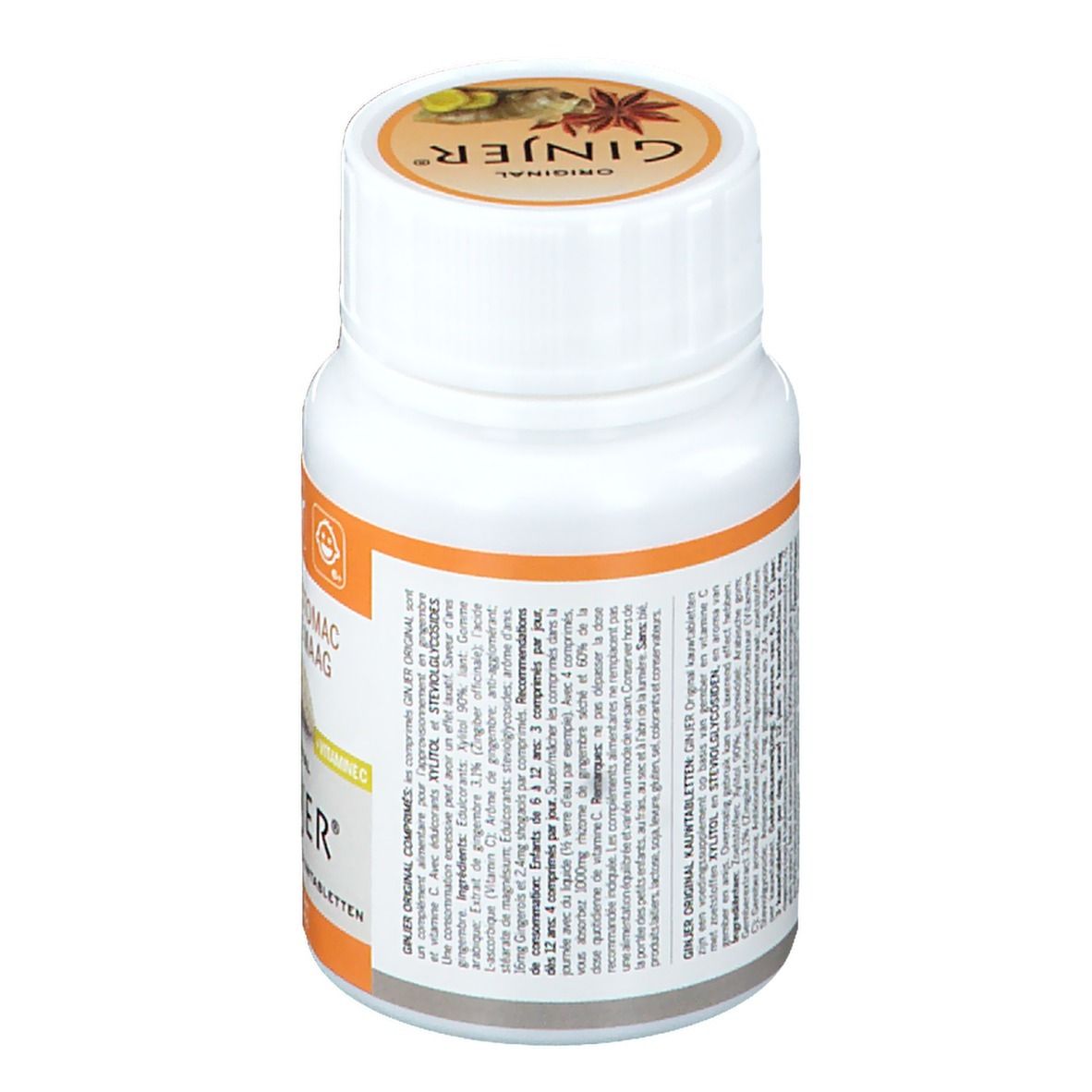 Flacone bianco di compresse. Scritta: GINJER Original. Retro con testo. Vegan. Vitamina C. 50 comprimés/Kautabletten.