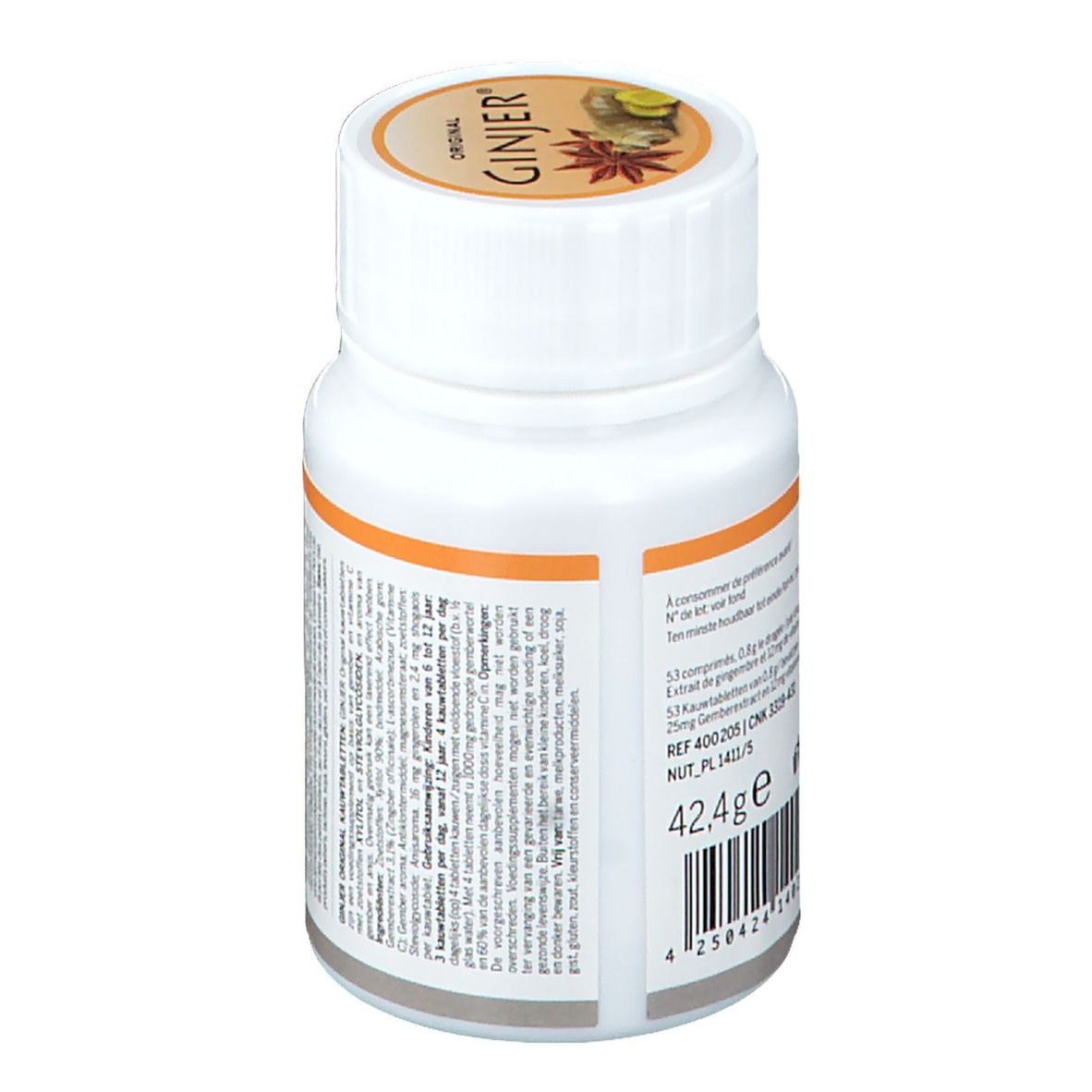 Flacone bianco di compresse. Scritta: GINJER Original. Retro con testo e peso 42,4g. Vegan. Vitamina C.