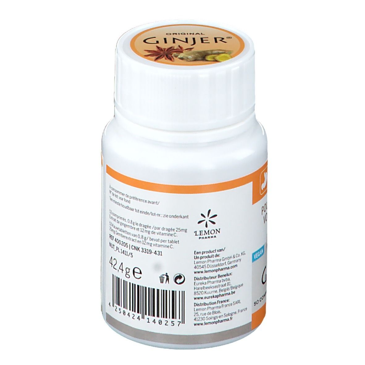 Flacone bianco di compresse. Scritta: GINJER Original. Retro con testo, peso 42,4g e logo Lemon Pharma. Vegan. Vitamina C.