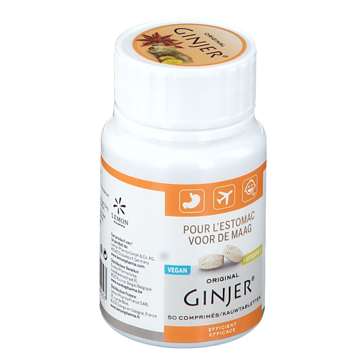 Flacone bianco di compresse. Scritta: GINJER Original. Testo: Pour l'estomac, Voor de Maag. Vegan. Vitamina C. 50 comprimés/Kautabletten.