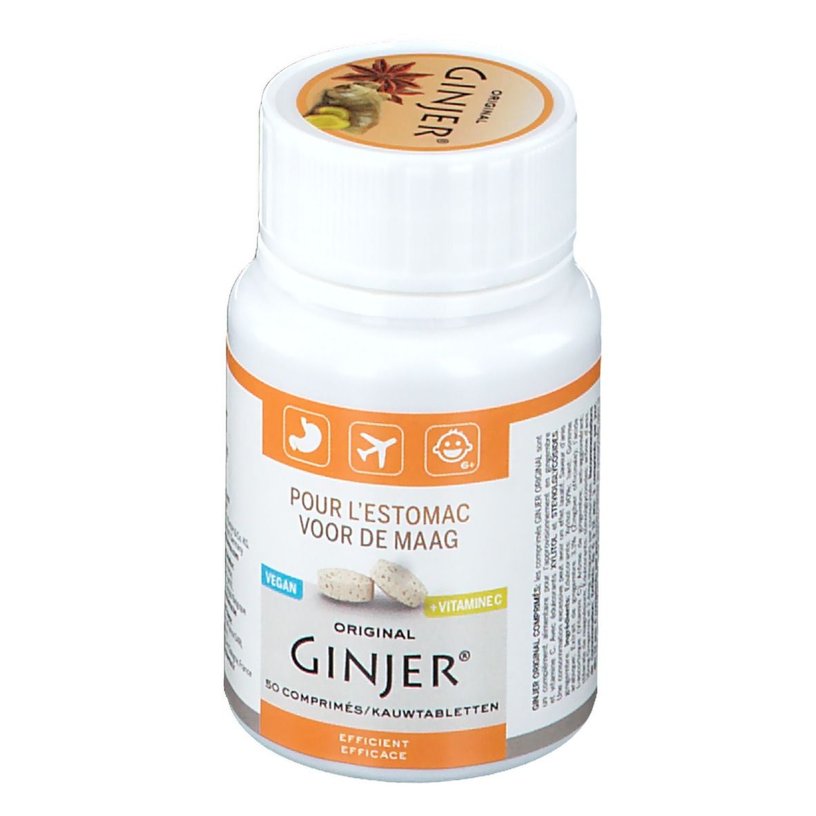 Flacone bianco di compresse. Scritta: GINJER Original. Testo: Pour l'estomac, Voor de Maag. Vegan. Vitamina C. 50 comprimés/Kautabletten.