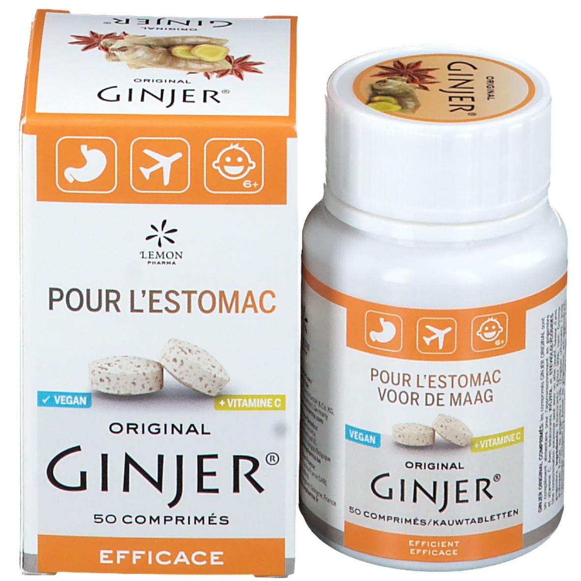 Confezione del prodotto con flacone e scatola. Scritta: GINJER Original. Testo: Pour l'estomac, Voor de Maag. Vegan. Vitamina C. 50 comprimés/Kautabletten.
