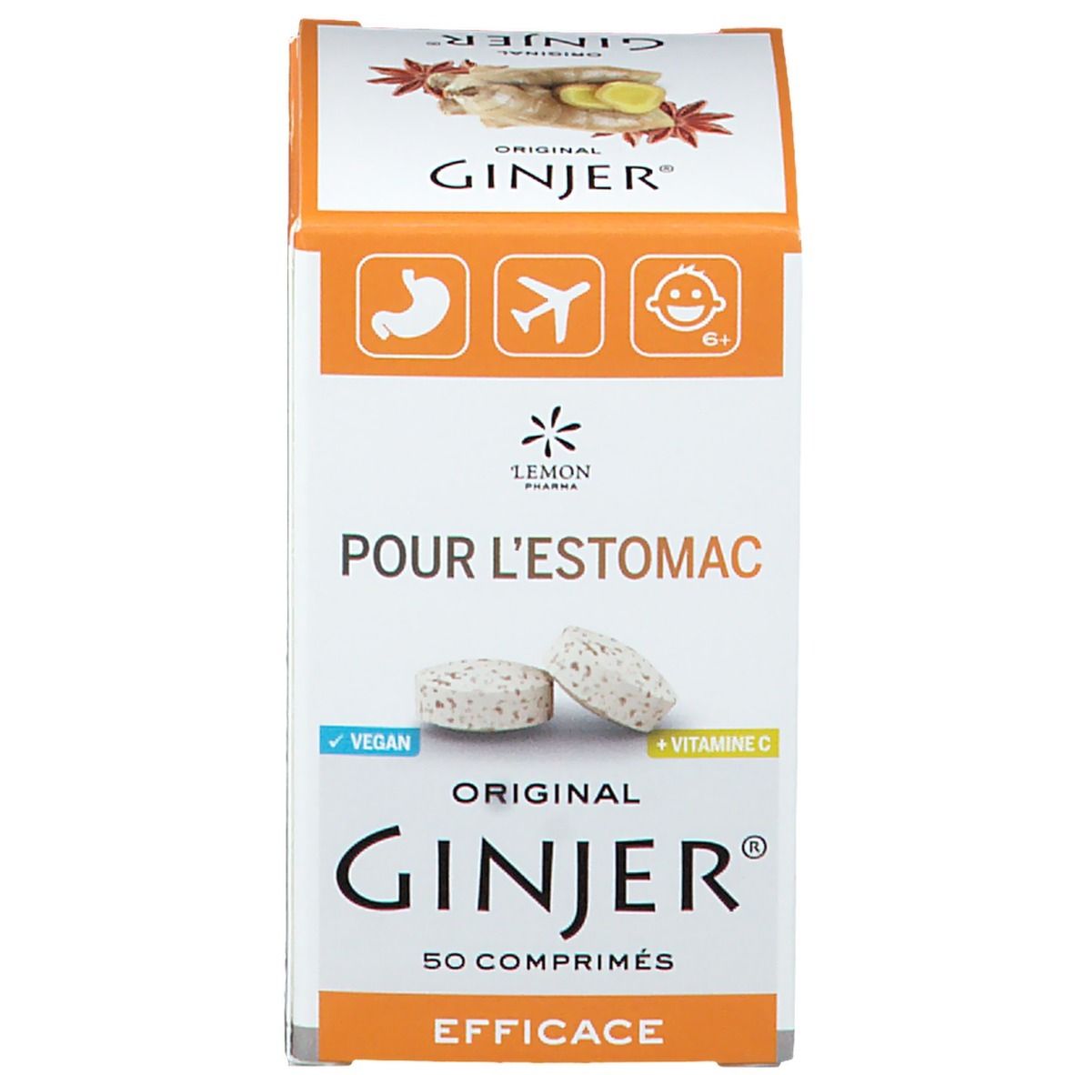 Confezione del prodotto. Scritta: GINJER Original. Testo: Pour l'estomac, Voor de Maag. Vegan. Vitamina C. 50 comprimés/Kautabletten.