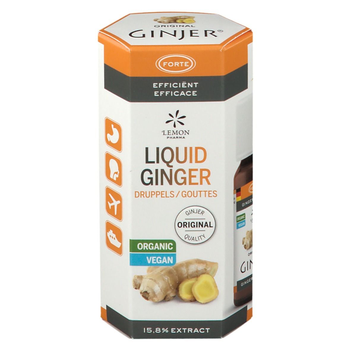Confezione cilindrica Ginjer Original Forte Gouttes. Scritta: Liquid Ginger, Organic, Vegan. Illustrazione di zenzero.