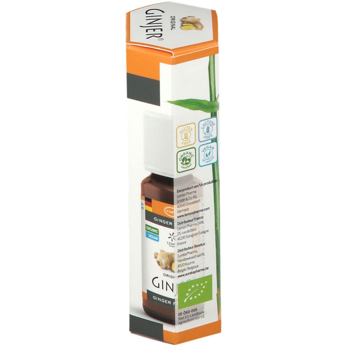 Flacone Ginjer Original Forte Gouttes nella confezione. Scritta: Ginjer, Organic, Vegan. Illustrazione di zenzero. Certificazioni.