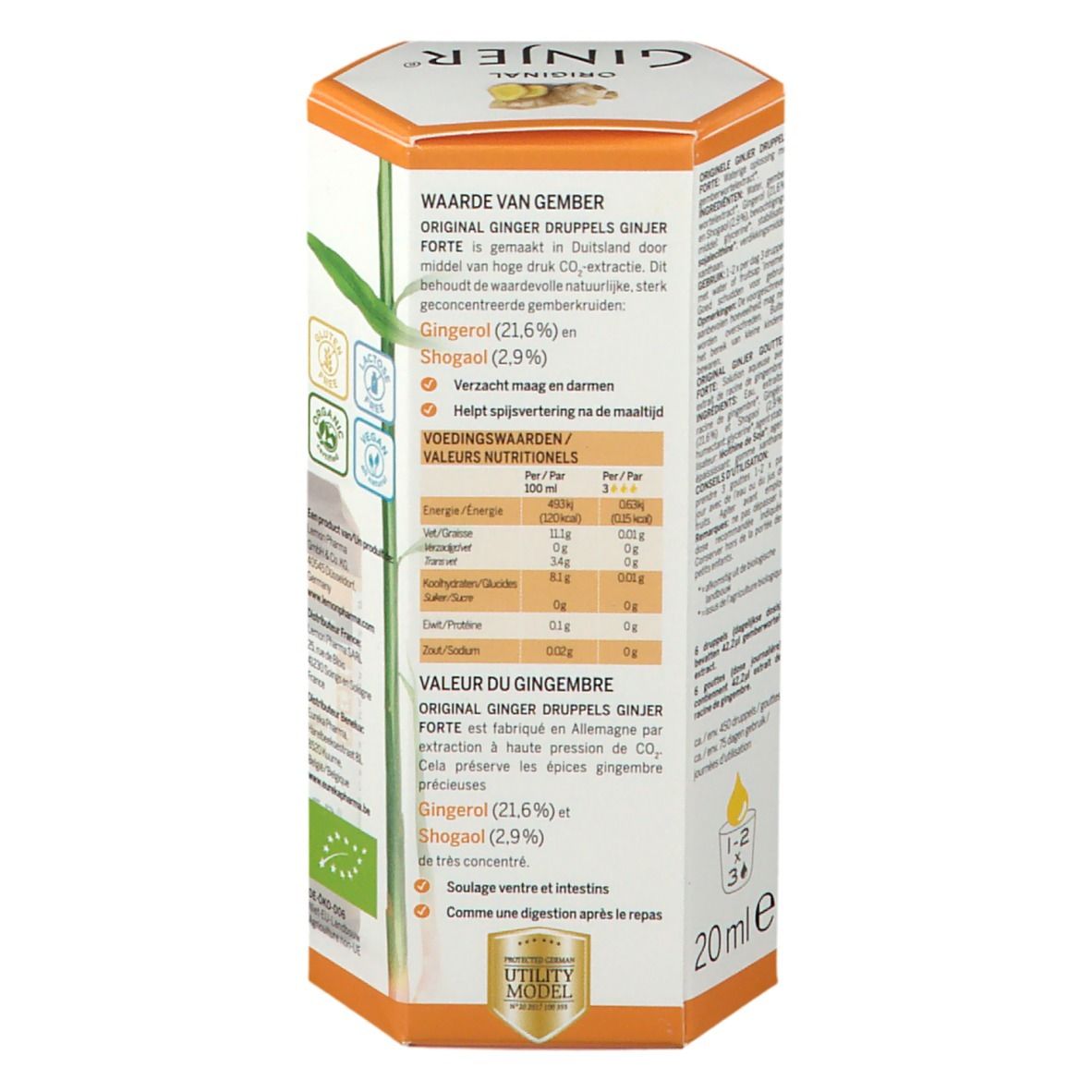 Retro della confezione Ginjer Original Forte Gouttes. Testo sugli ingredienti e valori nutrizionali. Sigillo bio e Utility Model.