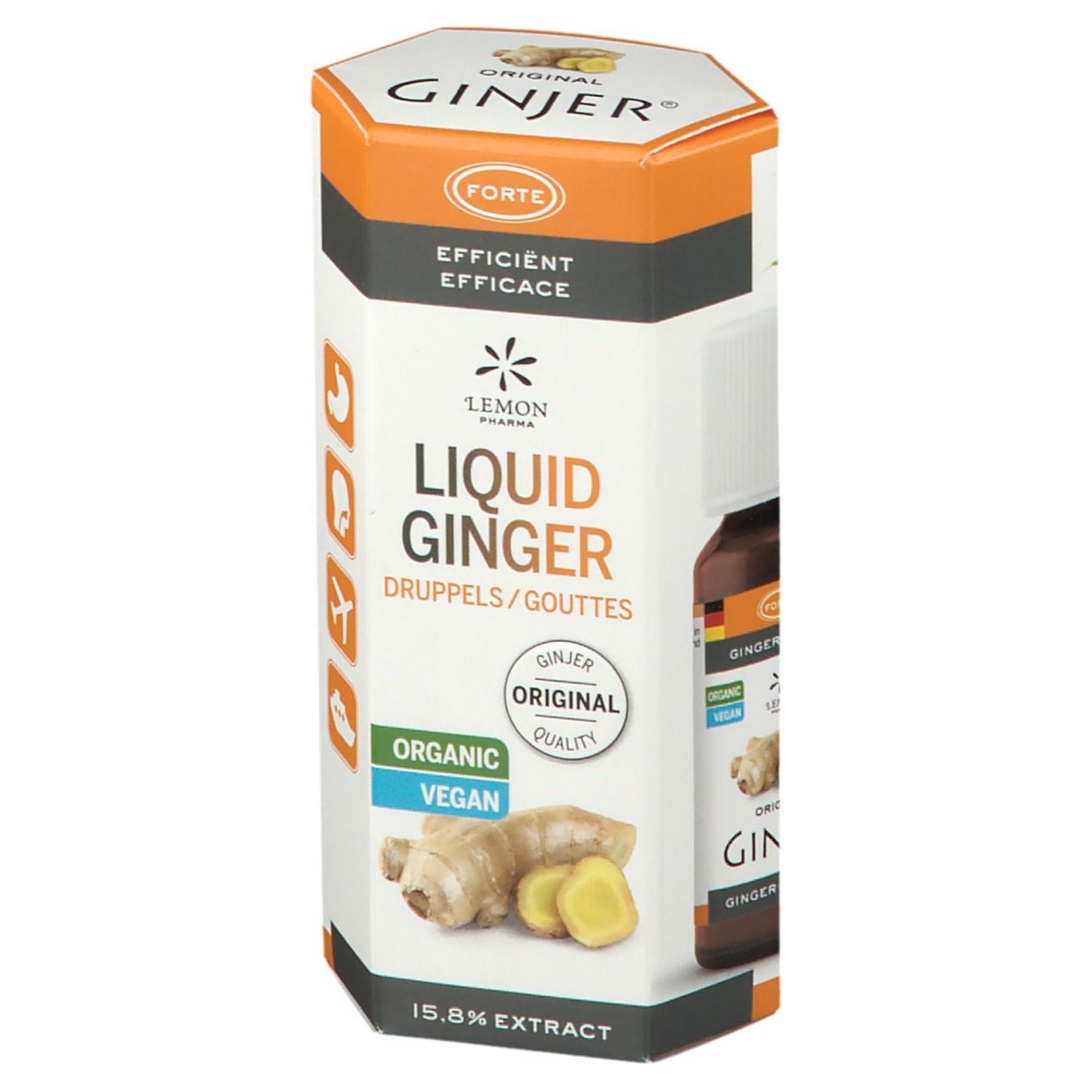 Confezione cilindrica Ginjer Original Forte Gouttes. Scritta: Liquid Ginger, Organic, Vegan. Illustrazione di zenzero. 15,8% estratto.