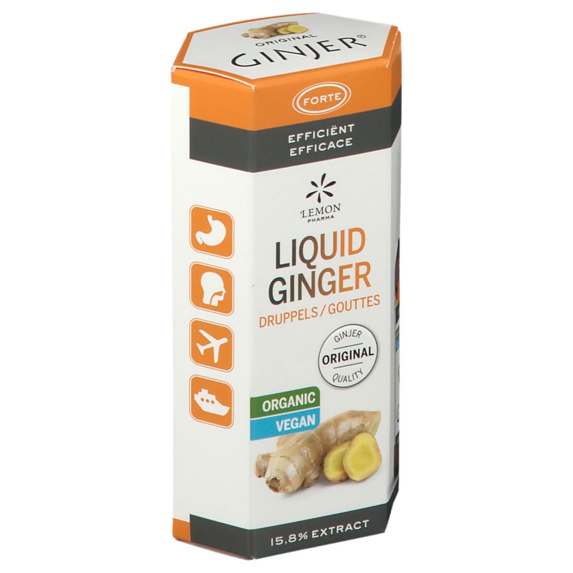 Confezione cilindrica Ginjer Original Forte Gouttes. Scritta: Liquid Ginger, Organic, Vegan. Illustrazione di zenzero. Icone.