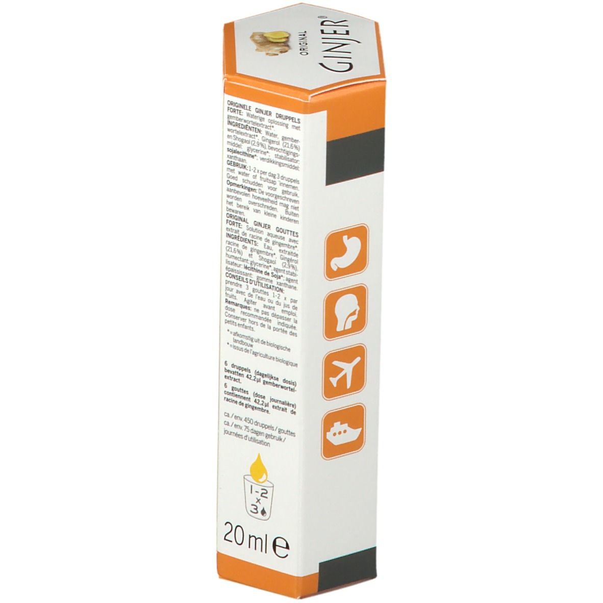 Lato della confezione Ginjer Original Forte Gouttes. Testo, icone e indicazione 20ml. Istruzioni per il dosaggio.