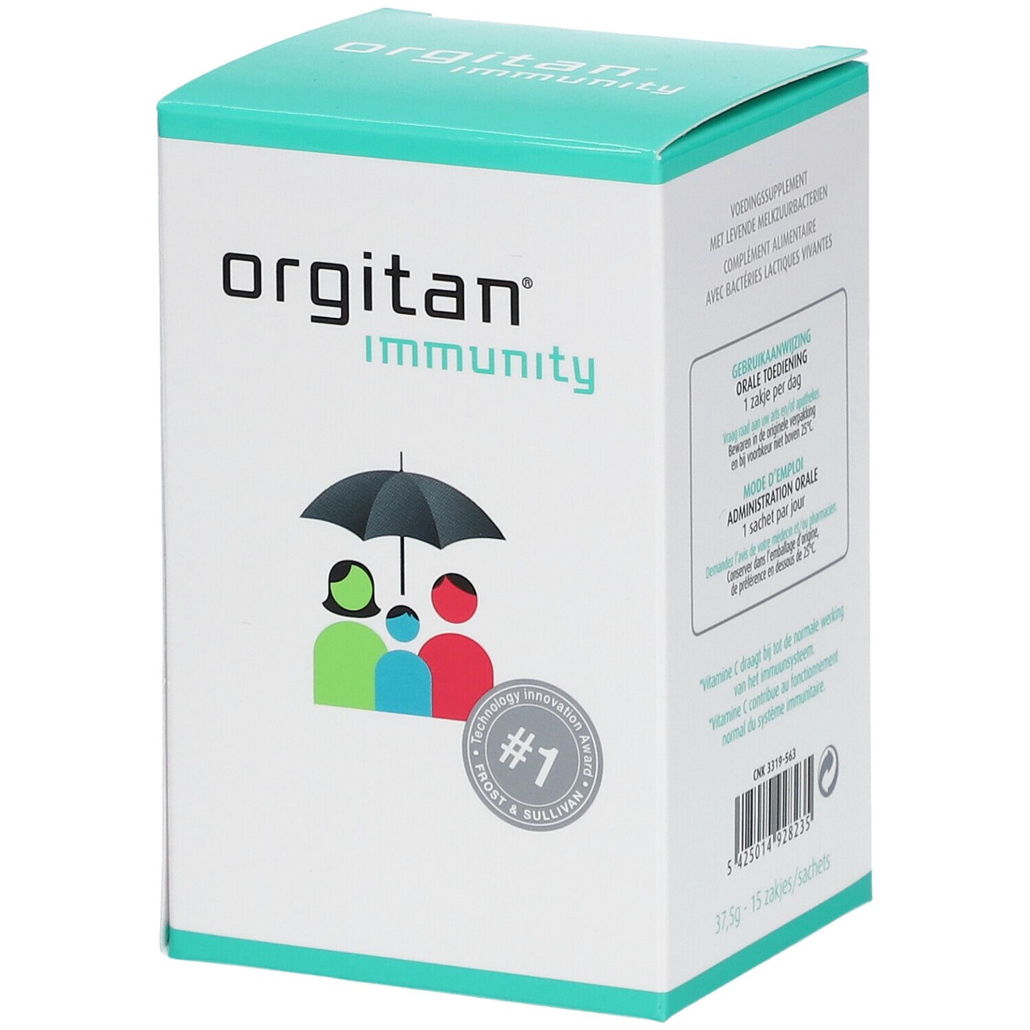 Scatola orgitan® immunity. Logo famiglia sotto ombrello. Scritto: Integratore alimentare con batteri lattici vivi. #1 Frost & Sullivan.