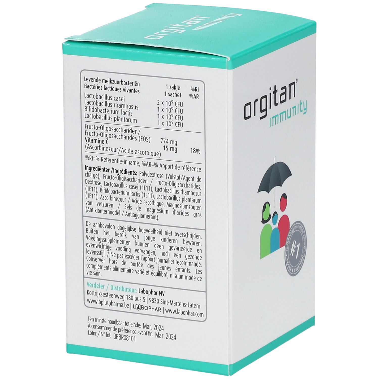 Retro della confezione orgitan® immunity. Elenco ingredienti, informazioni nutrizionali e produttore. Testo in olandese.