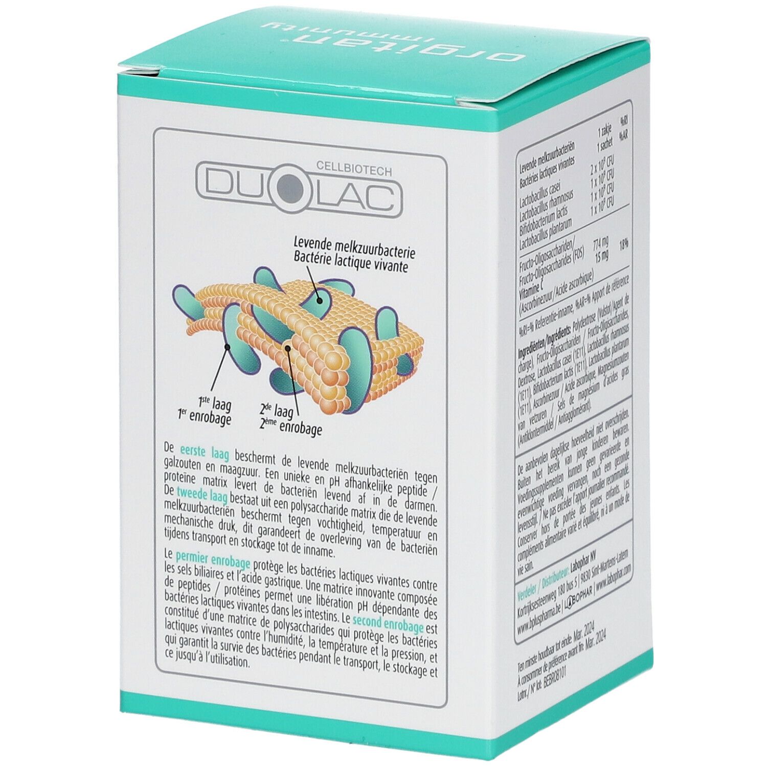 Lato della confezione orgitan® immunity. Illustrazione dei batteri lattici vivi. Testo in olandese. Marchio: DUOLAC CELLBIOTECH.