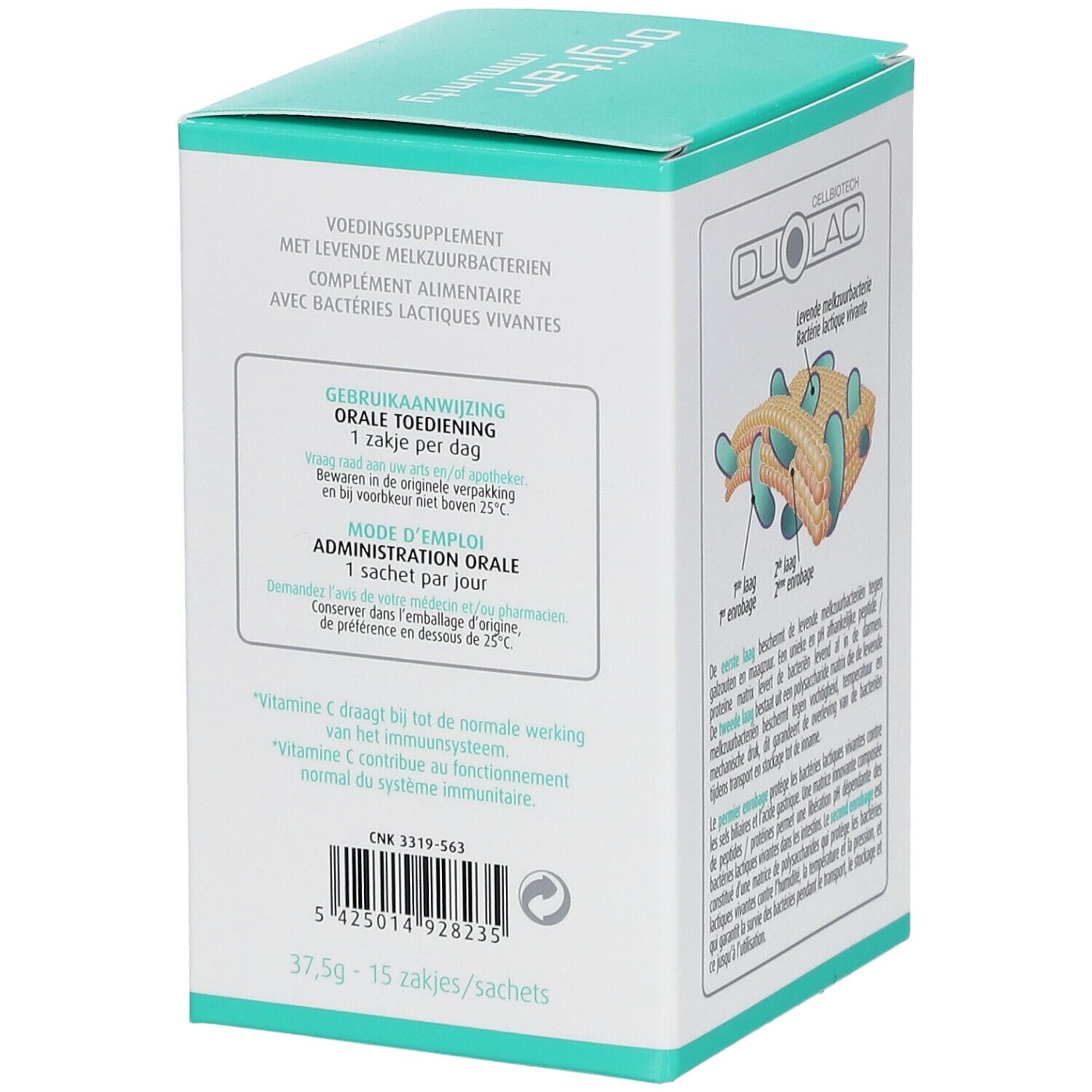 Lato della confezione orgitan® immunity. Istruzioni per l'uso, ingredienti e informazioni sul produttore. Testo in olandese.