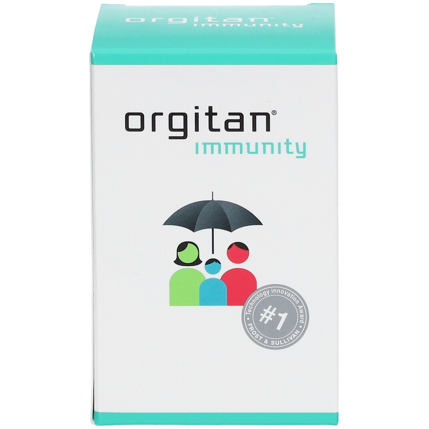 Scatola orgitan® immunity. Logo famiglia sotto ombrello. Scritto: immunity. #1 Frost & Sullivan.