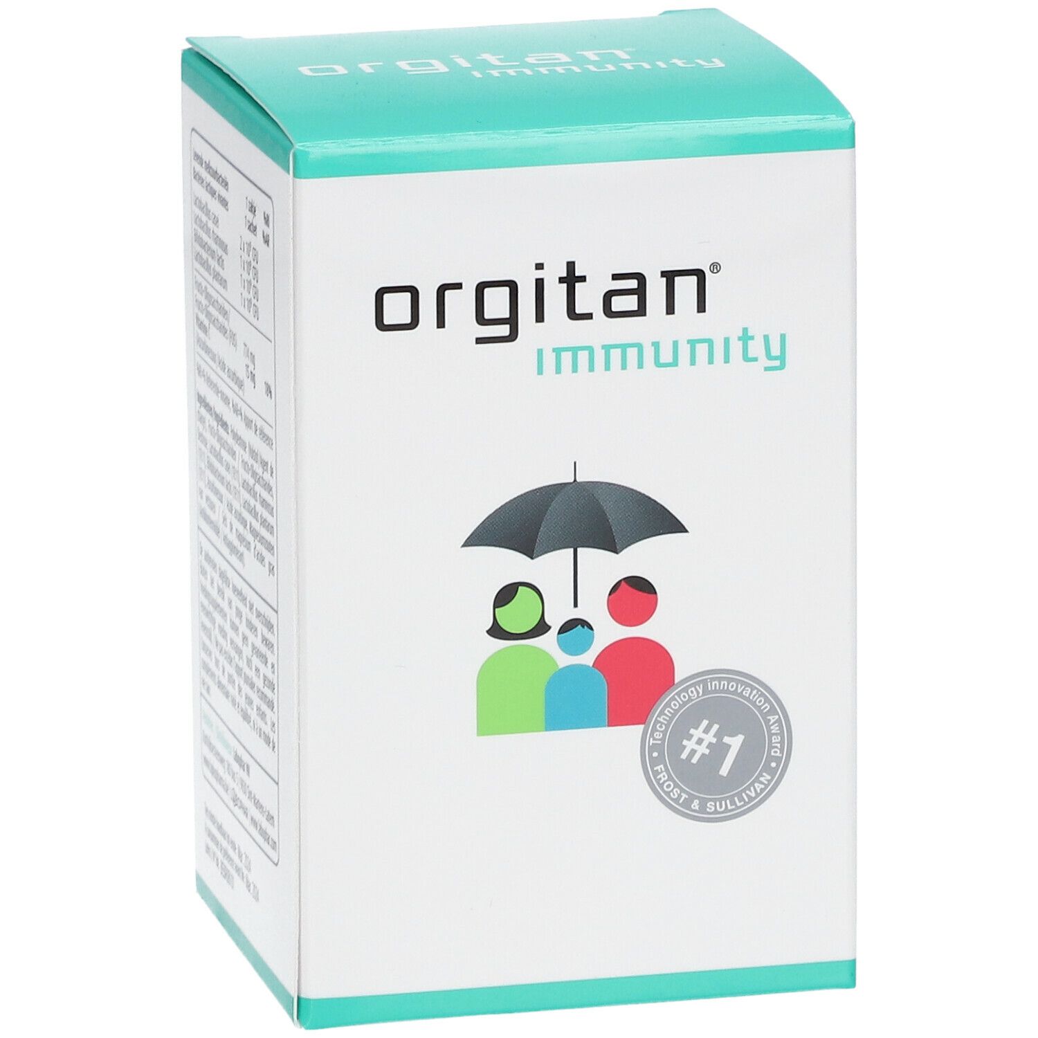 Scatola orgitan® immunity. Logo famiglia sotto ombrello. Scritto: immunity. #1 Frost & Sullivan.
