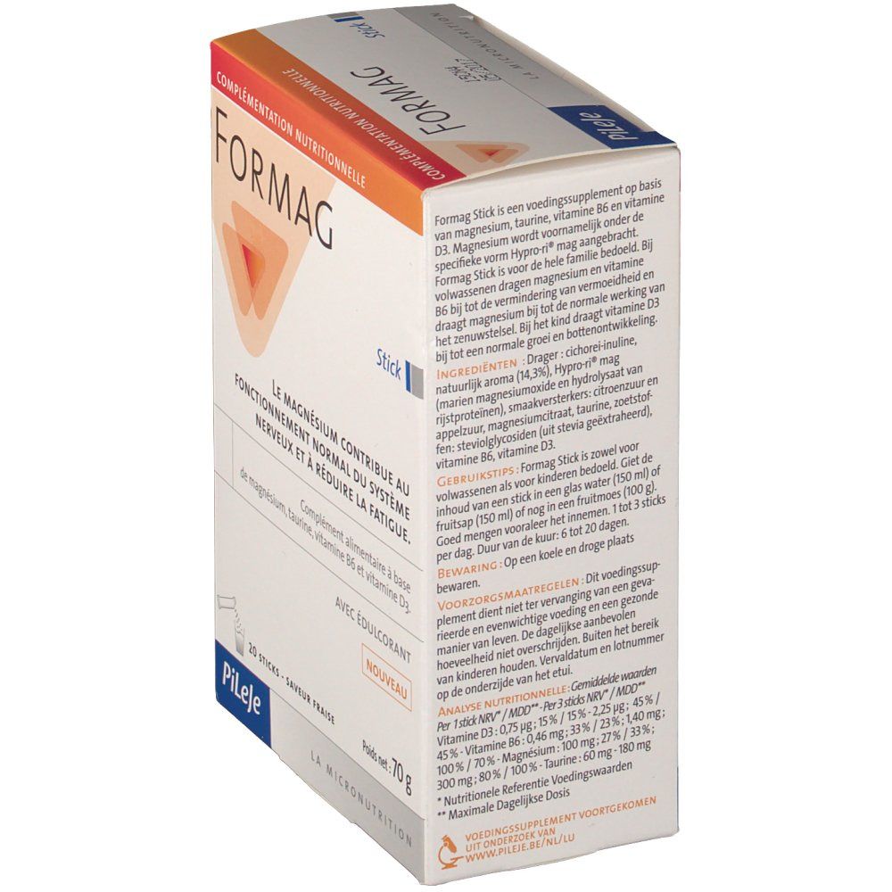 Lato della confezione Formag. Testo: Formag Stick, Pileje. Contiene magnesio, taurina, vitamina B6, D3. Gusto: Fragola. Informazioni sull'uso.