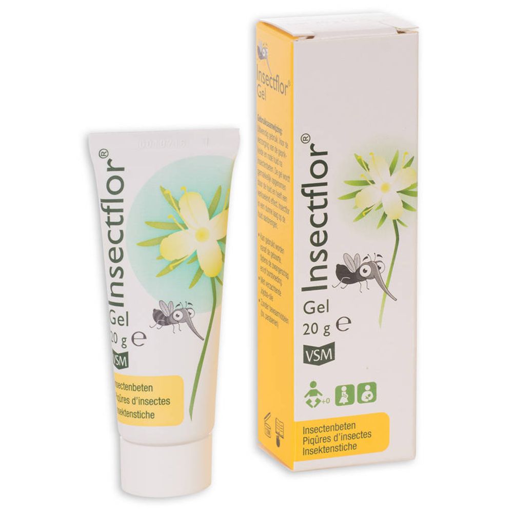 Tubo e scatola di gel VSM Insectflor. Scritte: Gel, 20 g, VSM, punture d'insetti.