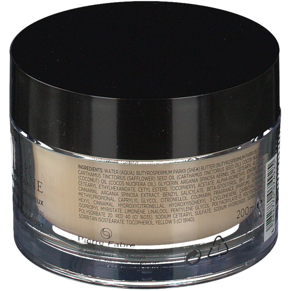 Retro del vaso. Scritta: Ingredienti, 200ml. Coperchio nero, contenitore trasparente.