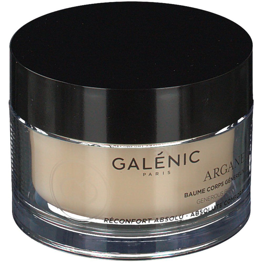 Vaso rotondo con coperchio nero. Scritta: Galénic Paris, Argane, Baume Corps Généreux, Reconfrot Absolu.